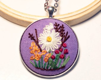 Hand Embroidered Lavender Linen Necklace: Vintage Floral Style, Silver Plated