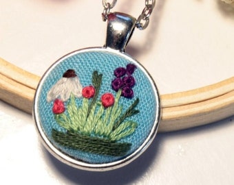 Hand Embroidered Blue Linen Necklace: Vintage Floral Design