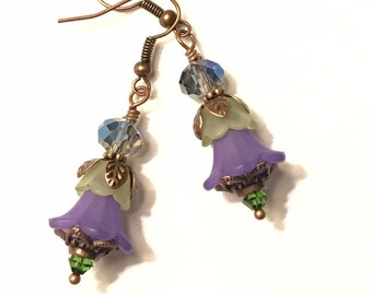 Lucite Flower Dangle Earrings: Czech Glass, Swarovski Crystal, Antique Copper Plated