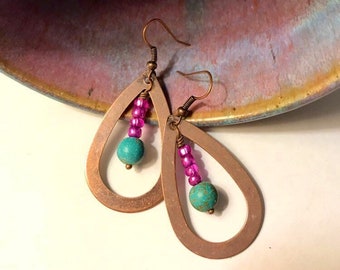 Handmade Copper Teardrop Earrings: Seed Bead & Gemstone Dangle