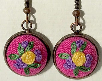 Hand Embroidered Pink Linen Earrings: Vintage Style Floral, Copper Plated
