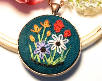 Hand Embroidered Teal Linen Pendant Necklace: Vintage Floral Style, Antique Copper Plated