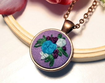 Hand Embroidered Linen Pendant: Vintage Floral Necklace, Copper Chain