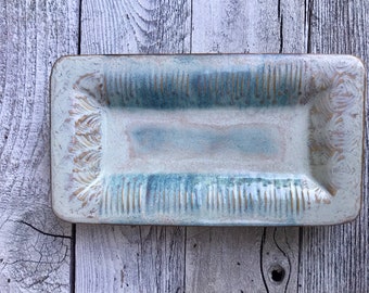 Handmade Ceramic Trinket Tray: Cream & Blue Textured Dish