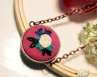 Hand Embroidered Pink Linen Pendant: Vintage Floral Style, Copper Plated
