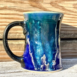 Small Ceramic coffee mug, 9 oz. drippy cobalt blue and green glazed curvy mug