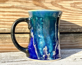 Small Ceramic coffee mug, 9 oz. drippy cobalt blue and green glazed curvy mug