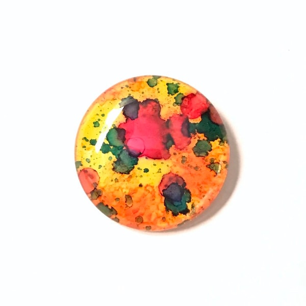 Extra large round art glass magnet, 2 inch circular marble magnet, yellow, orange, pink, teal alcohol ink abstract splatter design OOAK