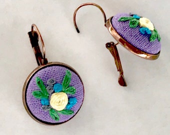 Hand Embroidered Lavender Linen Earrings: Vintage Style Floral, Copper Plated Leverbacks