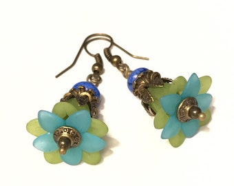 Lucite Flower Dangle Earrings: Antique Bronze Plated Beaded Bohemian Influence