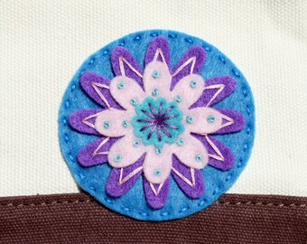 Hand Embroidered Canvas Pouch: Colorblock Cosmetic Bag with Felt Flower