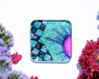 Alcohol Ink Art Glass Magnet, 2 inch, Black checkerboard, OOAK