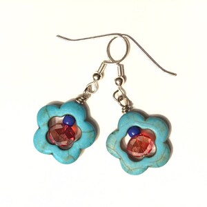 Turquoise flower and red AB Czech glass beaded dangle earrings with silver plated earwires; Made with gemstone, glass, seed beads