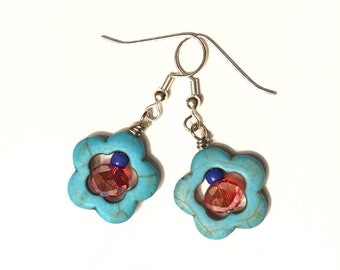 Turquoise Flower Dangle Earrings: Red Czech Glass, Silver Plated