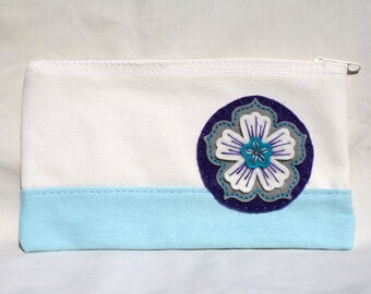 Hand Embroidered Canvas Pouch: Colorblock Cosmetic Bag with Felt Flower