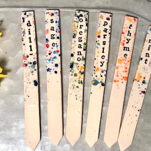 Ceramic plant name stake, herb seedling garden marker, confetti multicolor splatter pattern with embossed plant name