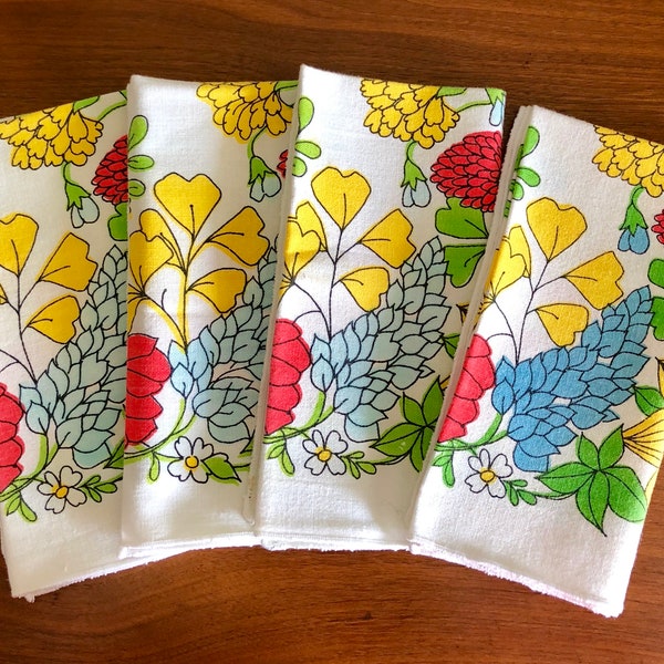 Four Mid Century Modern Cotton / Linen Cloth White Napkins with Colorful Bright Flowers