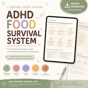 ADHS Food Survival System - *Interaktiver* Mahlzeitenplaner | Exekutiv Dysfunktion | Notfall-Lebensmittelliste | Neurodiversent
