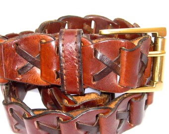 Woven Brown Leather Belt: Adjustable Brass Buckle, Size ML 38"