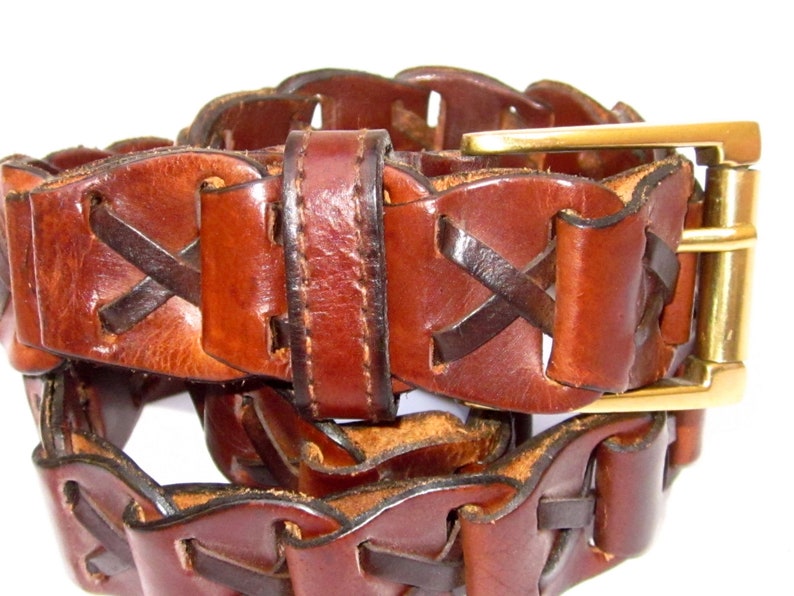 Men/'s WOVEN BROWN Leather Belt with Brass Square Buckle-Size ML 38 LoopBraid Makes This Totally Adjustable