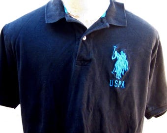 Vintage USPA Black Knit Polo Shirt: Turquoise Logo, Men's XL