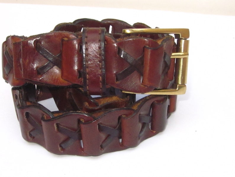 Men/'s WOVEN BROWN Leather Belt with Brass Square Buckle-Size ML 38 LoopBraid Makes This Totally Adjustable