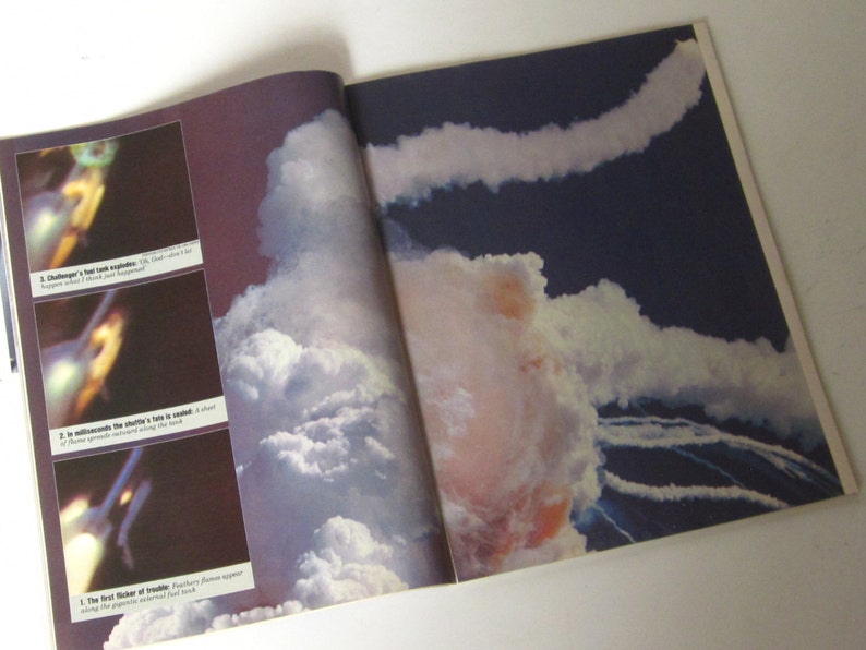 May include: A close-up image of a magazine page showing a photograph of the Challenger space shuttle exploding in a cloud of smoke. The image is accompanied by text describing the events leading up to the explosion.