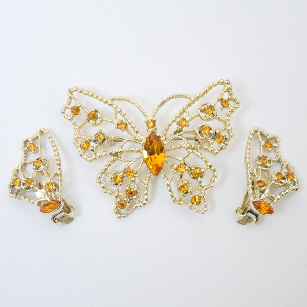 Dodds Butterfly Brooch Set, Orange Rhinestone Brooch, Wings Clip On Earrings, Gold Filigree Butterfly Brooch, Vintage Estate Jewelry