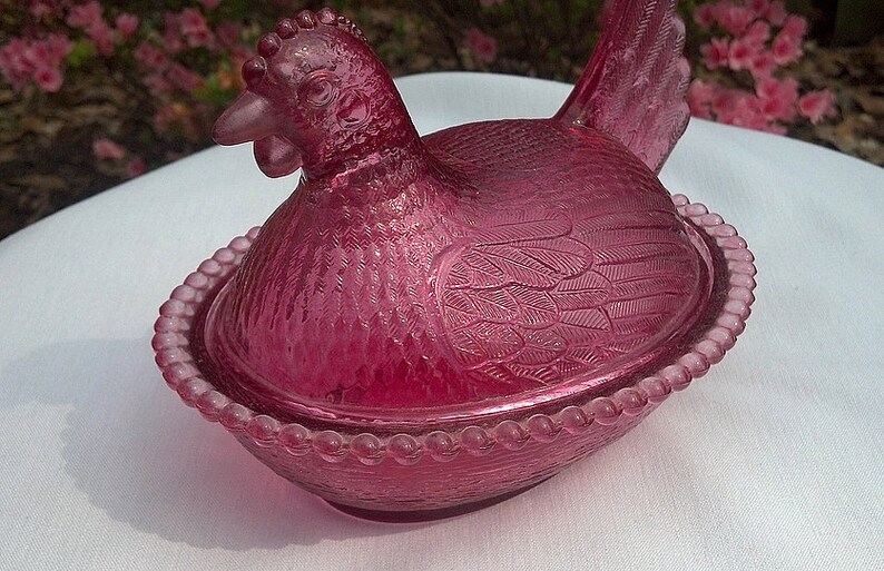 Vintage Indiana Glass Cranberry Hen on Nest | Etsy