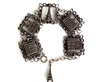 Vintage Paris Souvenir Charm Bracelet: Silver Plated Monuments