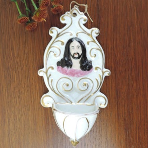 French Vintage Jesus Holy Water Font/Jesus Christ Benitier/French Stoup With Christ/Antique Porcelain Holy Water Font With Christ