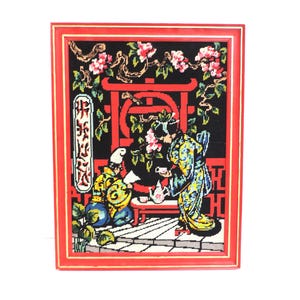 Vintage Framed Geisha Needlepoint: Japanese Tea Ceremony Art