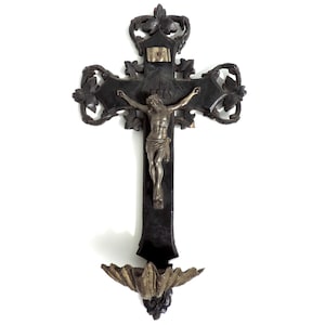 French Antique Napoleon III Crucifix With Shell Holy Water Font, Antique French Benitier, Antique Crucifix With Holy Water Font