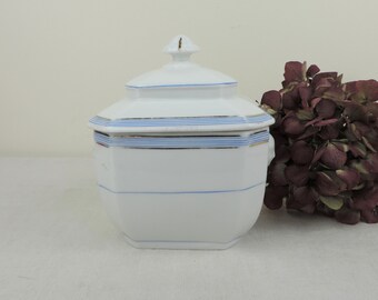 French Antique Sugar Bowl, French Ironstone Sugar Bowl, Antique Ironstone Dish With Lid, White And Blue Sugar Bowl