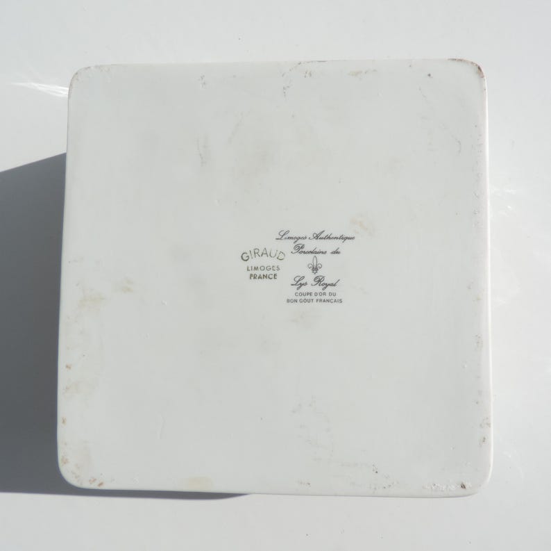 Pu&ograve; includere: Piatto quadrato in ceramica bianca con un logo in bianco e nero che recita "Giraud Limoges France" e "Limoges Authentique Porcelaine de Luxe Lys Royal Coupe d'or du Bon Gout Francais".