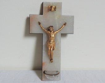 Antique French Marble Crucifix With Holy Water Font, Antique Benitier, Crucifix With Holy Water Font