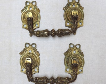 Antique French Gilt Bronze Drawer Handles Set Of 2, Pair Or Antique French Bronze Drawer Pulls With Bows