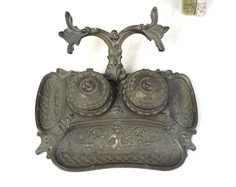 Antique French Bronze Inkwell with Pen Holder