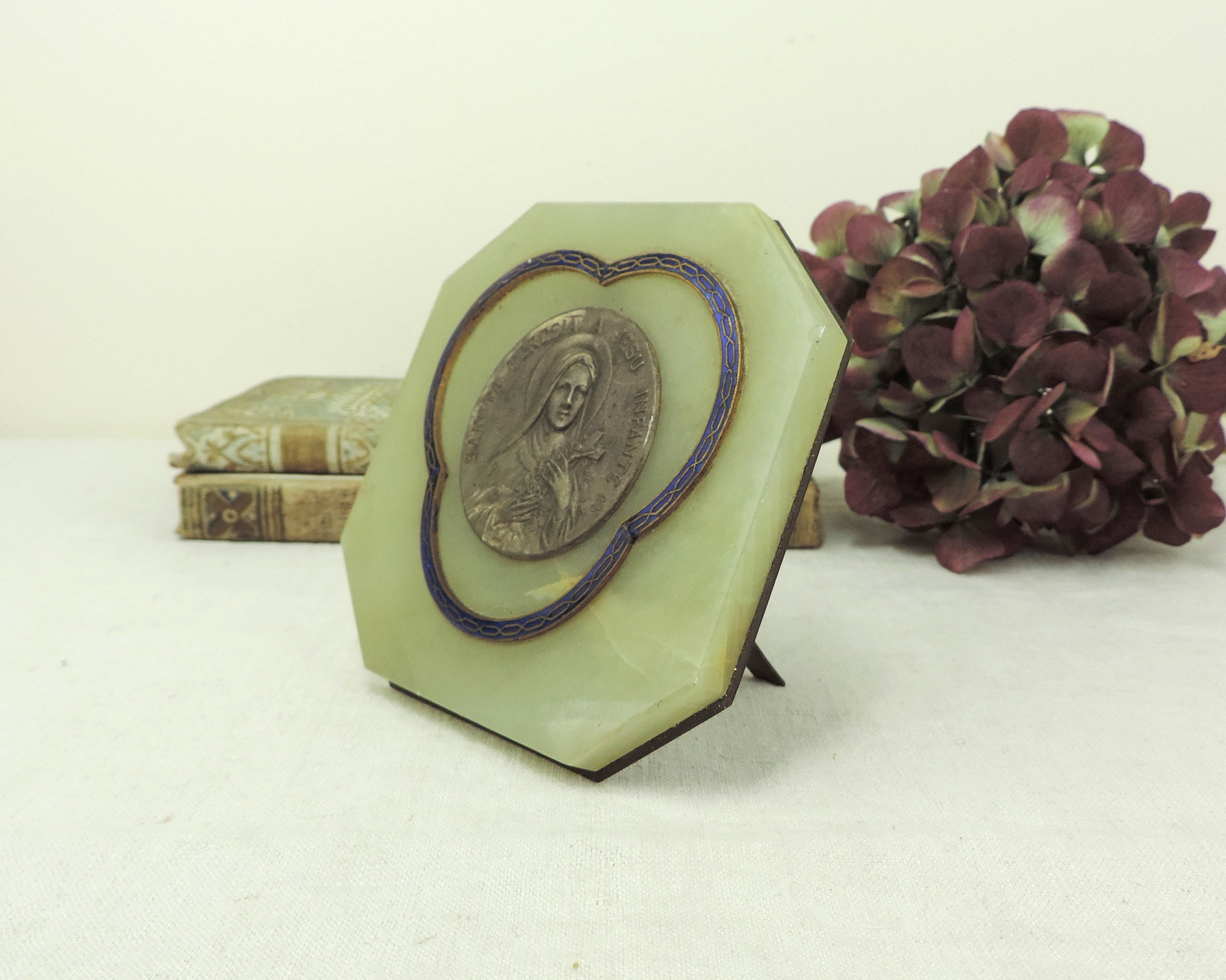 Saint Therese Of Lisieux Plaque, Antique French Saint Therese standing Plaque On A Marble Base, Saint Therese Shrine