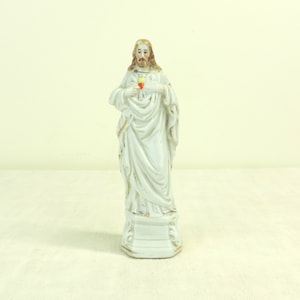 Antique Sacred Heart Of Jesus Figurine, French Antique Porcelain Sacred Heart Of Jesus Figurine, Antique Jesus Christ Figurine