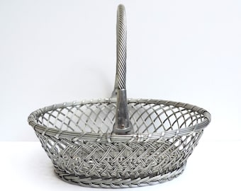 Vintage French Woven Aluminum Basket with Handle