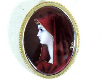 Saint Fabiola Brooch/Antique French Religious Brooch/Hand Painted And Signed Brooch/ St Fabiola Brooch/Virgin Mary Brooch