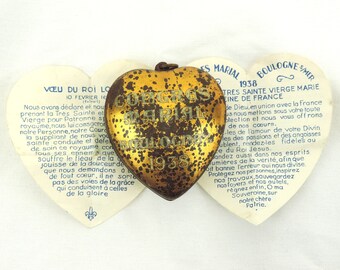 French Antique Congres Marial Boulogne 1938 Gold Heart With Prayer Inside, French Antique Ex-Voto Heart With Prayer