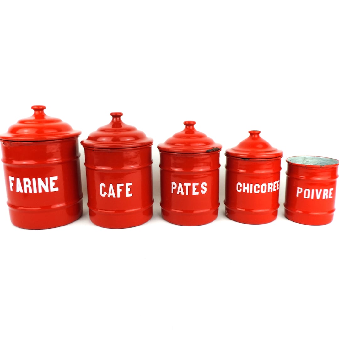 Vintage Canister Set, Enamel Canister Set, Vintage French Enamel