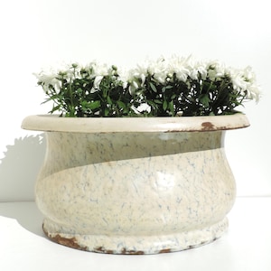 Antique French Enamel Wash Basin, Rare Large French Enamelware Basin, Enamelware Basin, White And Blue Marbled Enamel Tub, B. Freres Planter