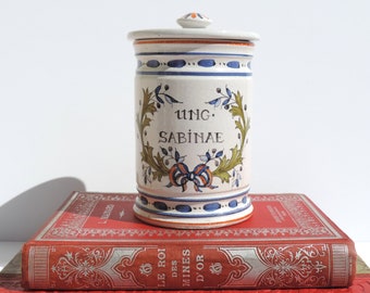 French Vintage Apothecary Jar, Vintage French Pharmacy Pot, Hand Painted Apothecary Jar Ung Sabinae