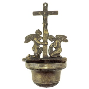 French Vintage Crucifix With Holy Water Font, French Vintage Benitier, Bronze Holy Water Font With Crucifix