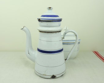 French Vintage Enamel Coffee Pot, Vintage Enamel Coffee Pot, Vintage French Enamelware, Vintage French Blue and White Coffee Pot