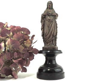 Antique French Sacred Heart Of Jesus Figurine, Antique Jesus Figurine, Small Christ Figurine