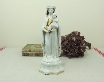 Antique Virgin Mary With Baby Jesus Figurine, French Antique Porcelain Virgin Mary And Baby Jesus Figurine, Madonna And Child